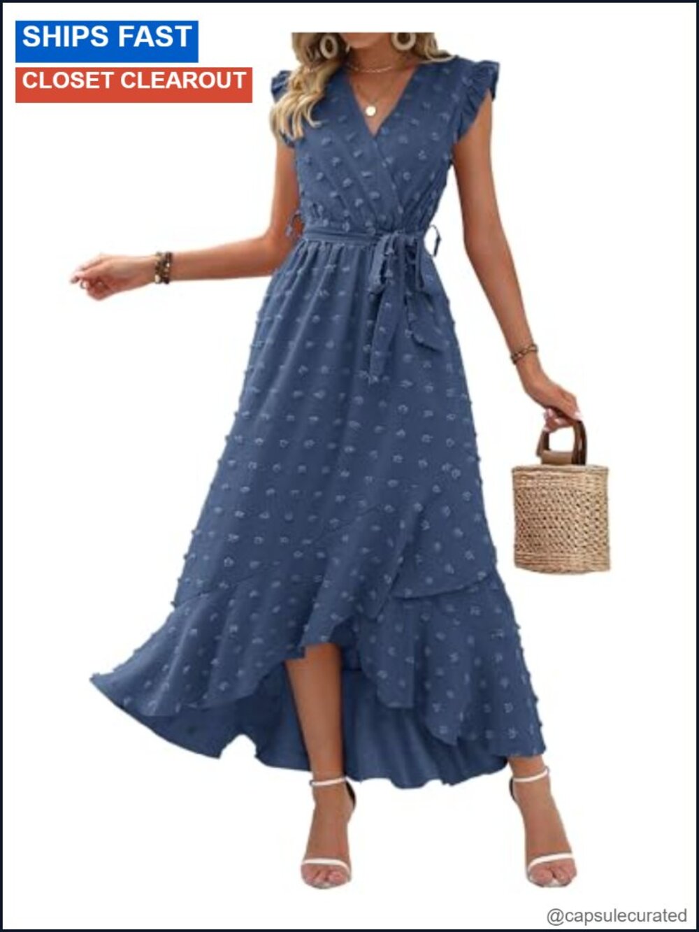 Swiss Dot Wedding Guest Dress Sleeveless Maxi Ruffle Tie Waist